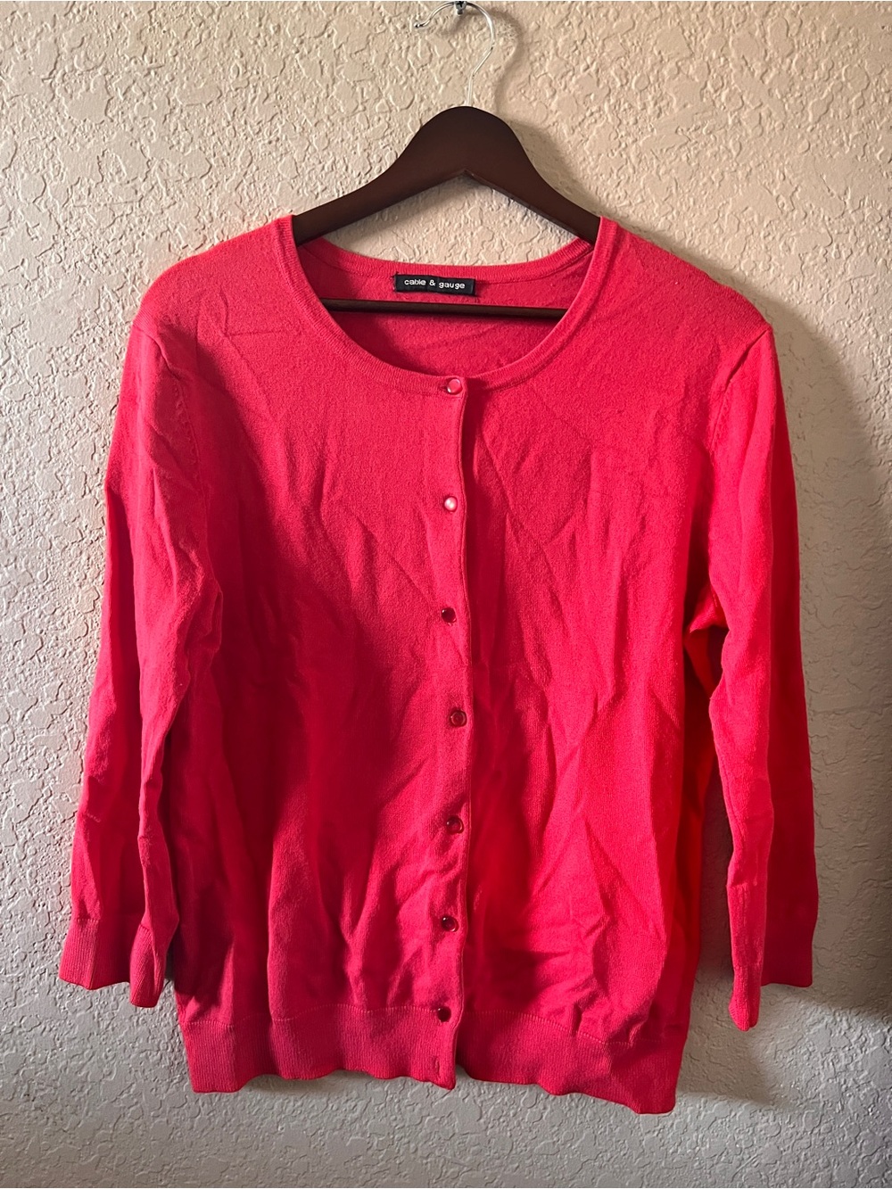 Cable & Gauge Bright Coral Red Crewneck Button-Front Cardigan